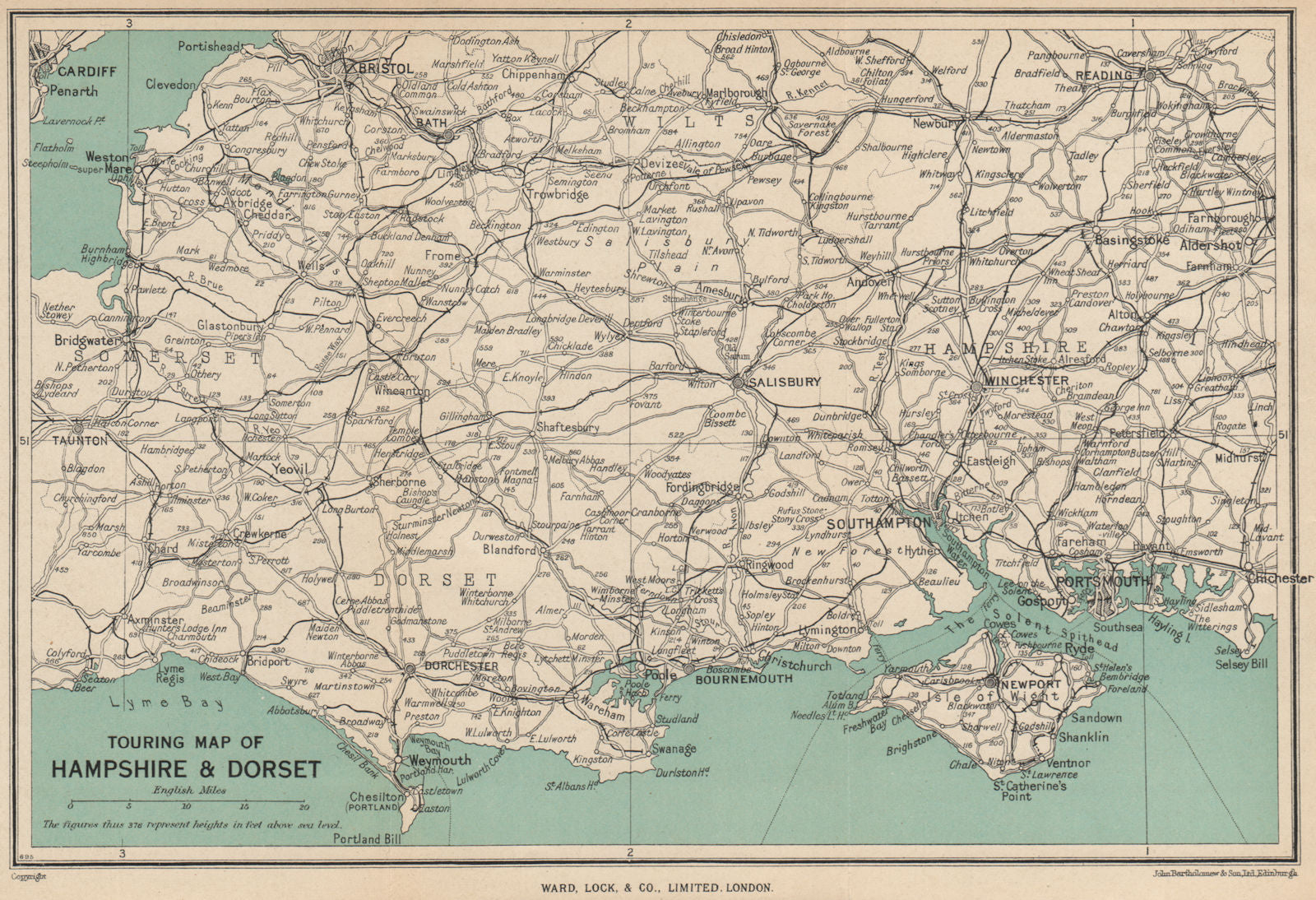 TOURING MAP OF HAMPSHIRE & DORSET. Wiltshire Somerset. WARD LOCK 1953 old